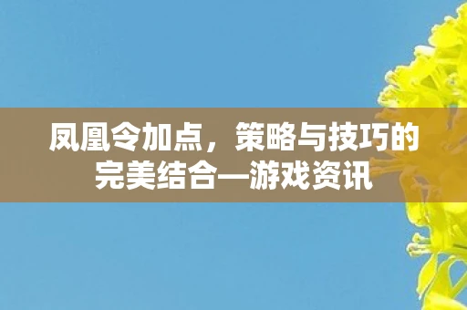 凤凰令加点，策略与技巧的完美结合—游戏资讯
